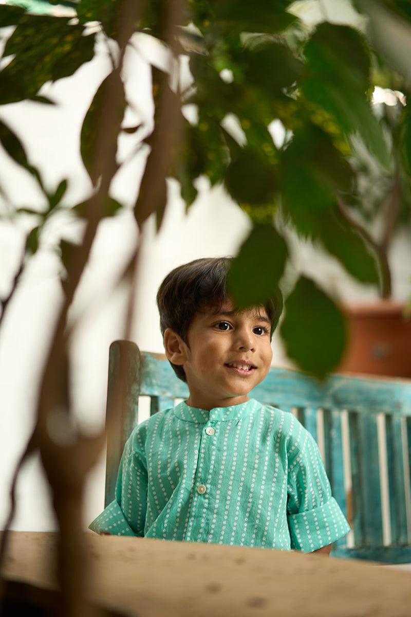 Barefoot Boy’ mandarin collar hand block printed malmal cotton unisex full sleeve summer shirt in blue with white polka dots for boys and girls - Totdot