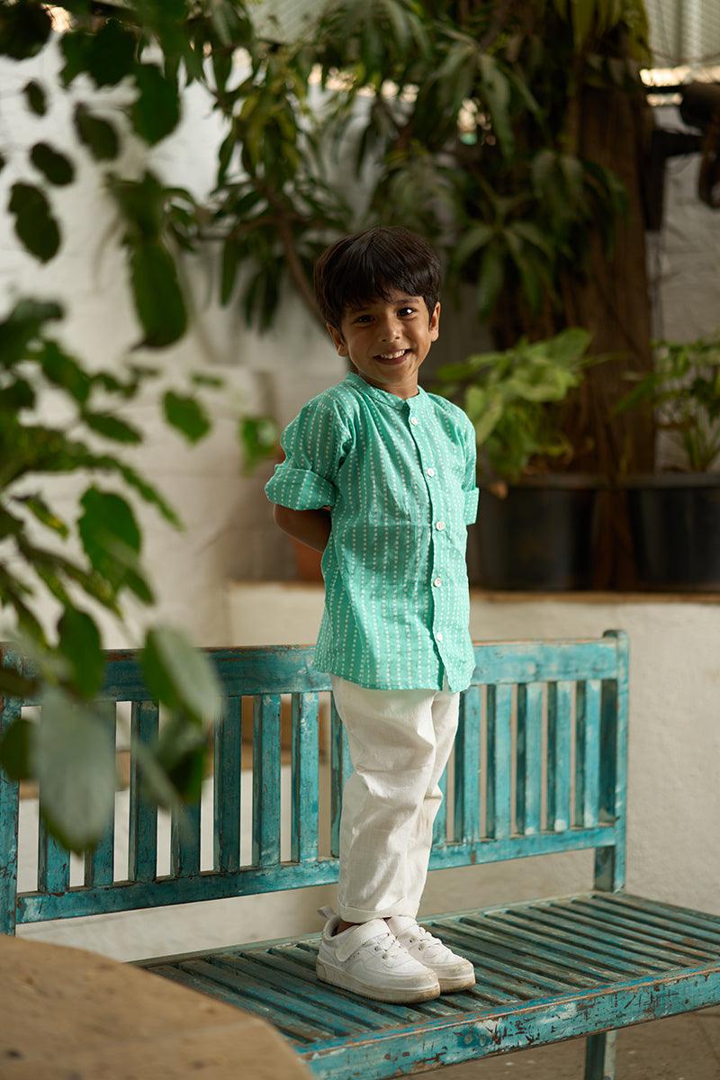 Barefoot Boy’ mandarin collar hand block printed malmal cotton unisex full sleeve summer shirt in blue with white polka dots for boys and girls - Totdot