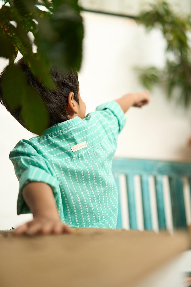 Barefoot Boy’ mandarin collar hand block printed malmal cotton unisex full sleeve summer shirt in blue with white polka dots for boys and girls - Totdot