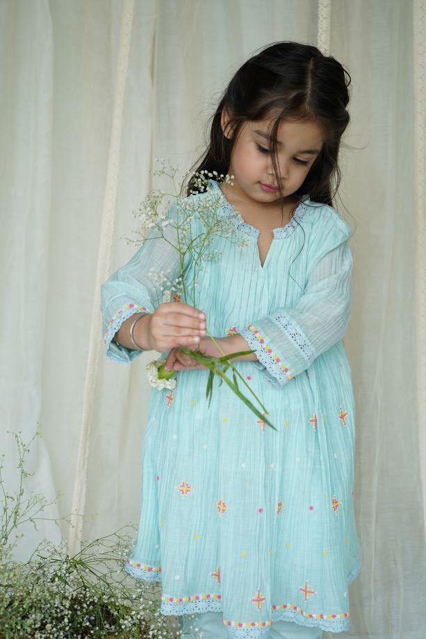 Blue Dew Drops Chanderi Kurta Set for Girls - Totdot