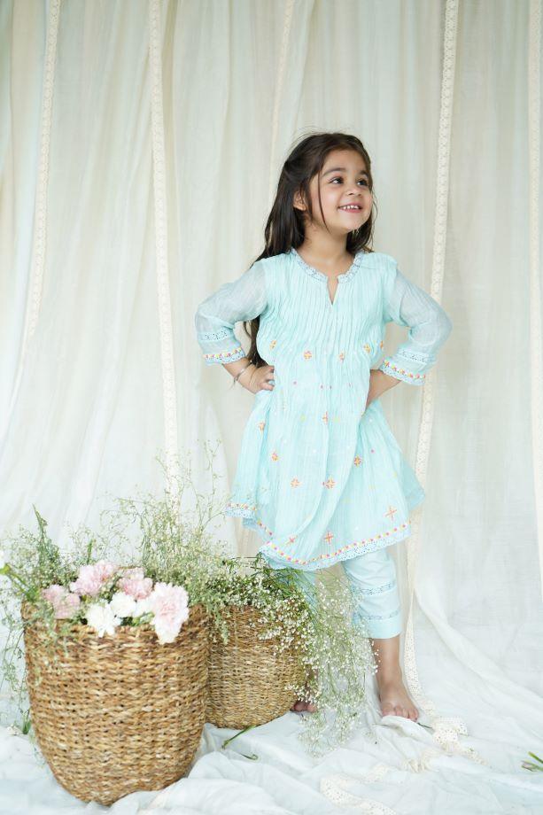 Blue Dew Drops Chanderi Kurta Set for Girls - Totdot