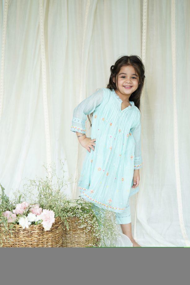 Blue Dew Drops Chanderi Kurta Set for Girls - Totdot