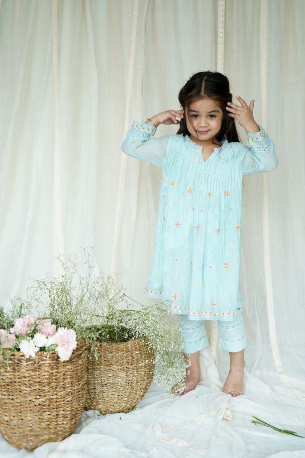 Blue Dew Drops Chanderi Kurta Set for Girls - Totdot