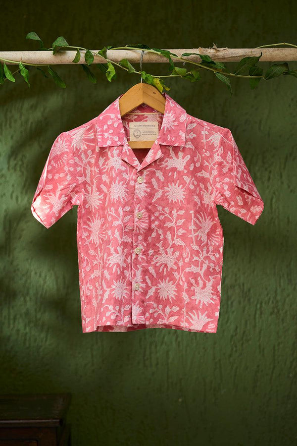 Boogie’ kids half sleeve shirt in pink floral hand block print cotton - Totdot