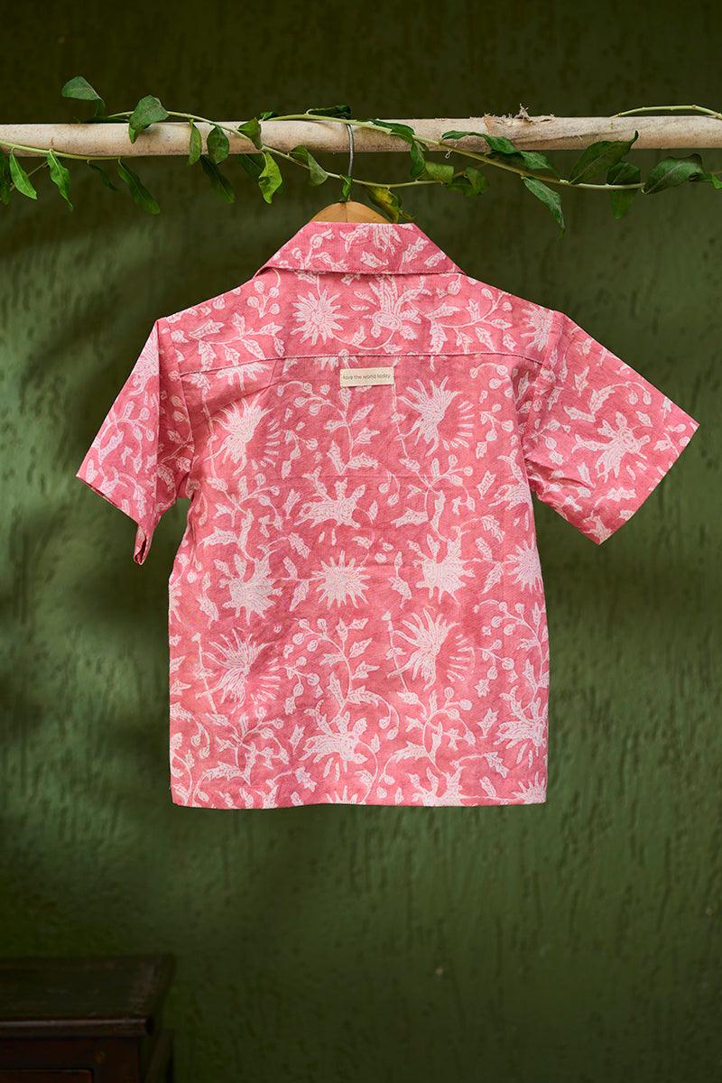 Boogie’ kids half sleeve shirt in pink floral hand block print cotton - Totdot