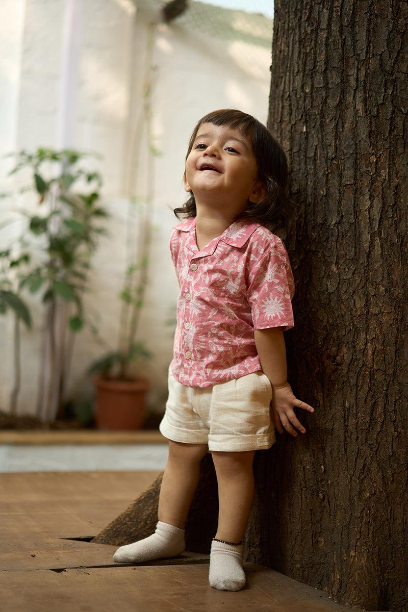 Boogie’ kids half sleeve shirt in pink floral hand block print cotton - Totdot