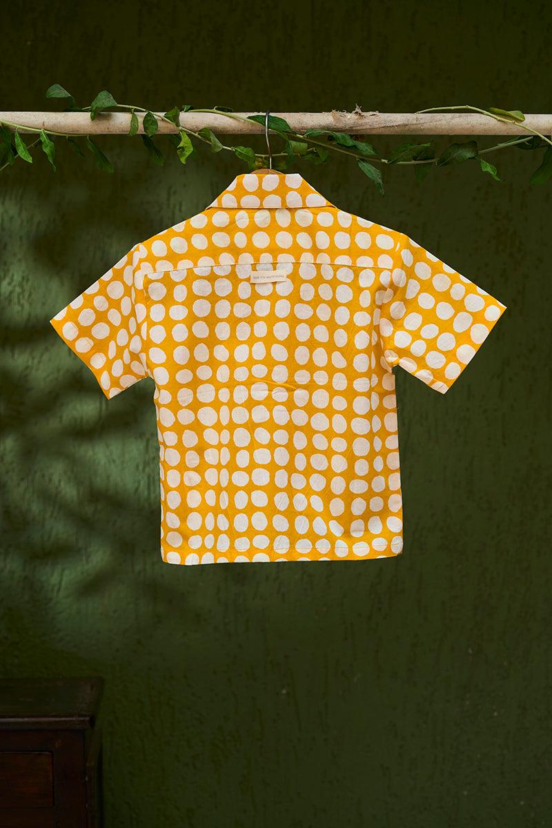 Boogie’ kids half sleeve shirt in yellow polka hand block print cotton - Totdot