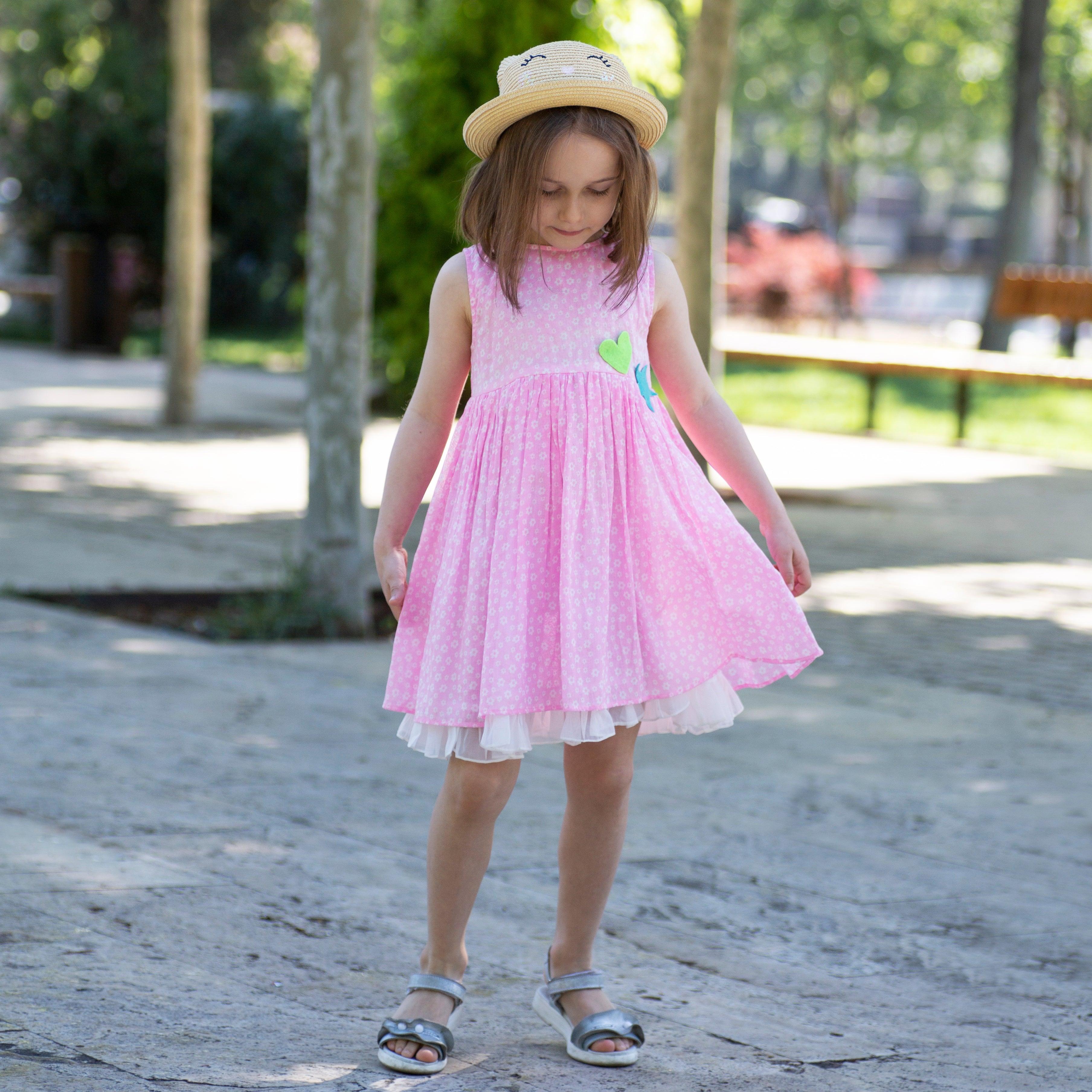 C'est La Vive- Sleeveless Pink Dress with White Floral Print for Girls - Totdot