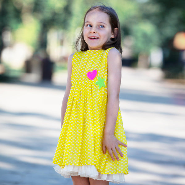 C'est La Vive- Sleeveless Yellow Dress with Tiny White Clouds Print for Girls - Totdot