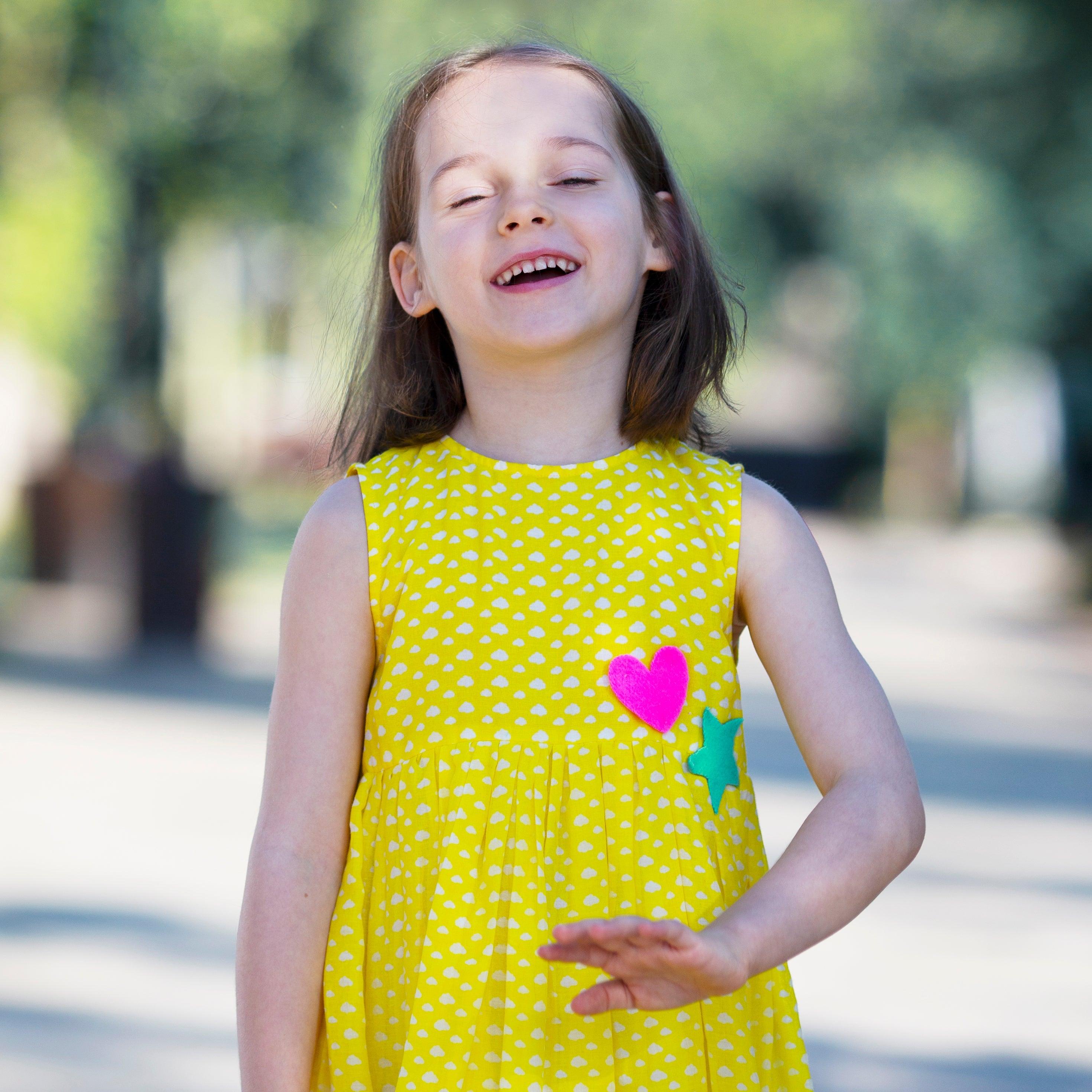 C'est La Vive- Sleeveless Yellow Dress with Tiny White Clouds Print for Girls - Totdot