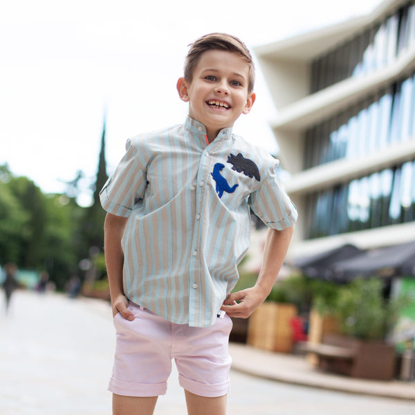 Classique- Blue & Grey Striped Shirt with Mandarin Collar for Boys - Totdot