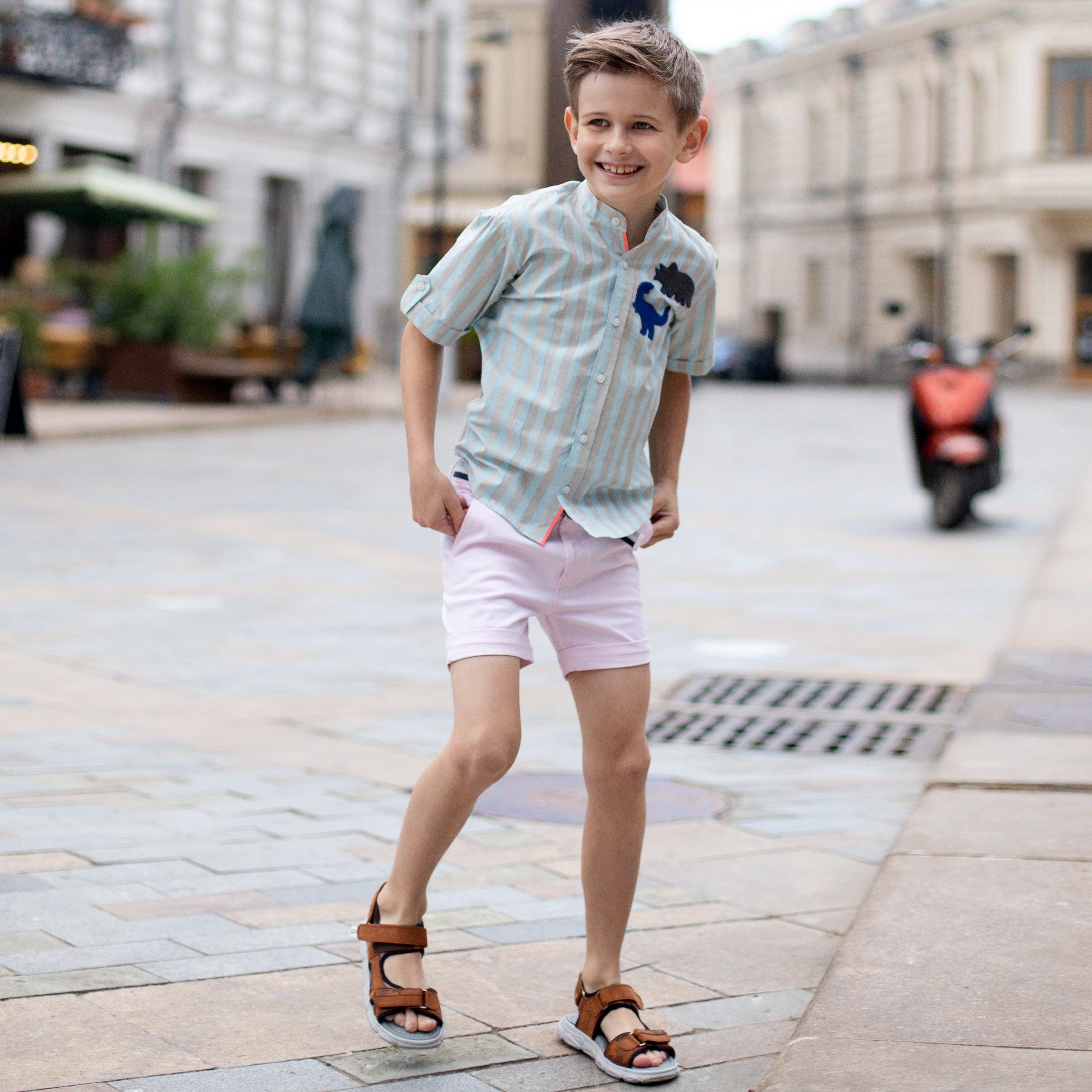 Classique- Blue & Grey Striped Shirt with Mandarin Collar for Boys - Totdot