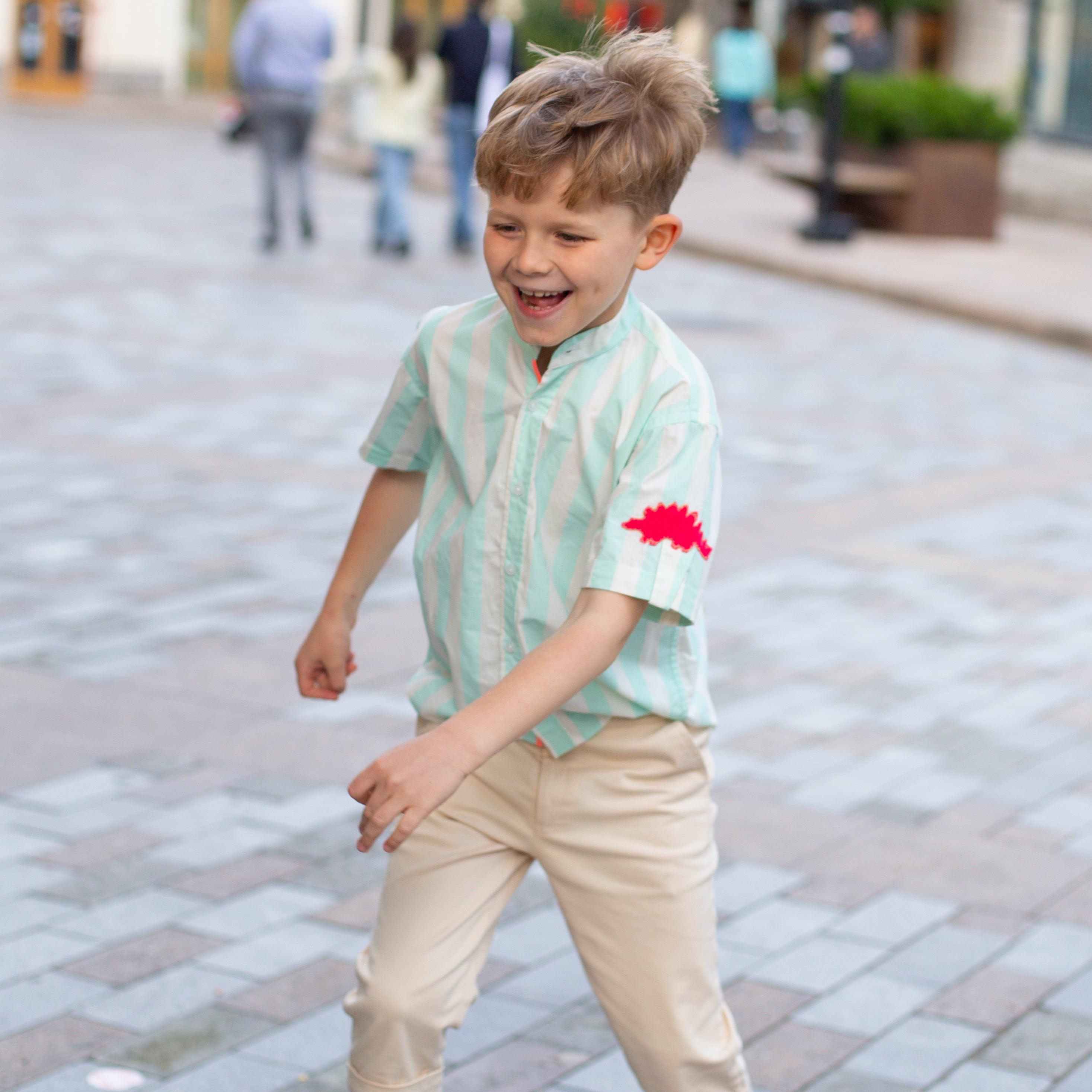 Classique- Mint Green Striped Shirt with Mandarin Collar for Boys - Totdot