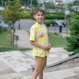 Classique- Yellow and White Striped Shirt with Mandarin Collar for Boys - Totdot