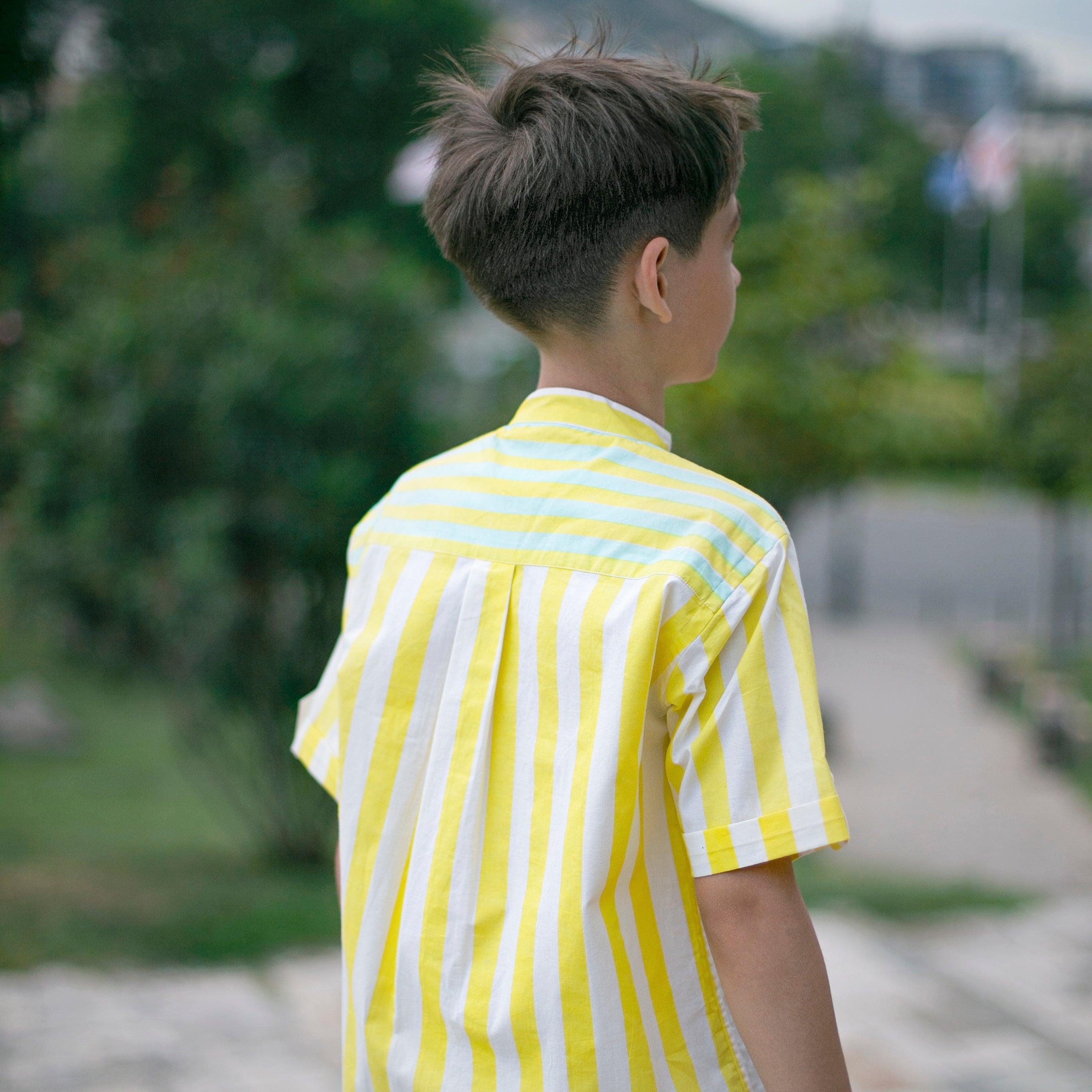 Classique- Yellow and White Striped Shirt with Mandarin Collar for Boys - Totdot