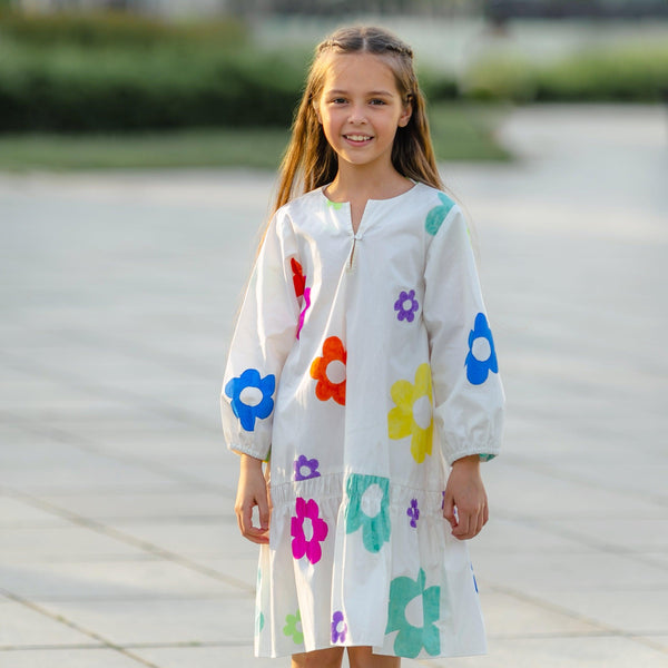 Dreamcatcher- White Dress with Multi-Coloured Flowers for Girls - Totdot