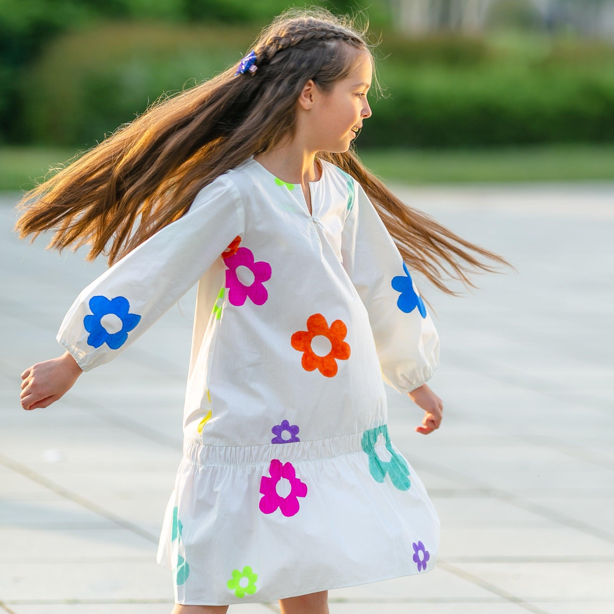 Dreamcatcher- White Dress with Multi-Coloured Flowers for Girls - Totdot