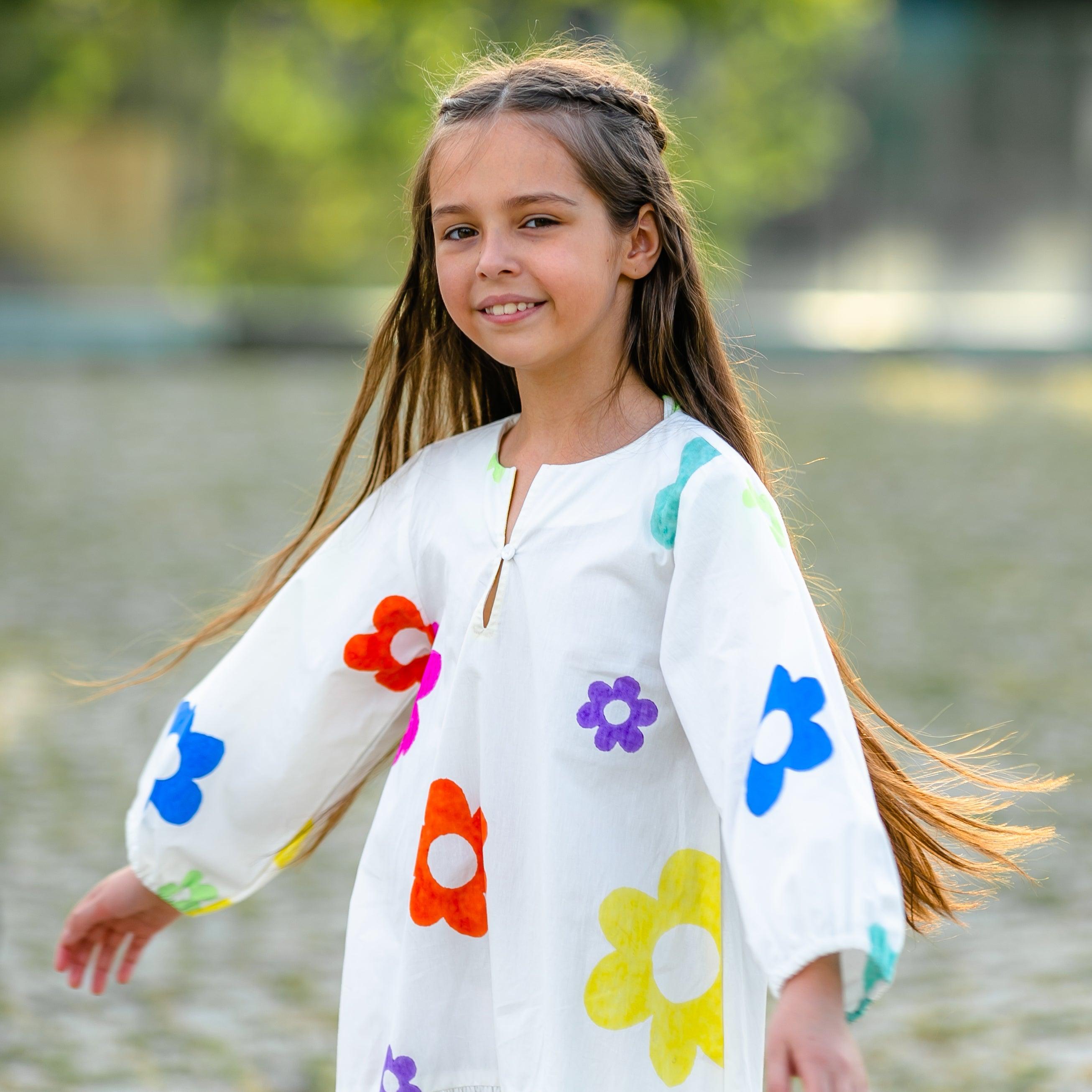 Dreamcatcher- White Dress with Multi-Coloured Flowers for Girls - Totdot