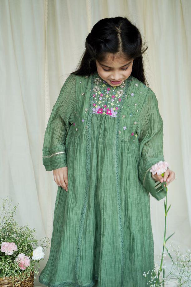 Dusty Green Iris Chanderi Kurta Set for girls - Totdot