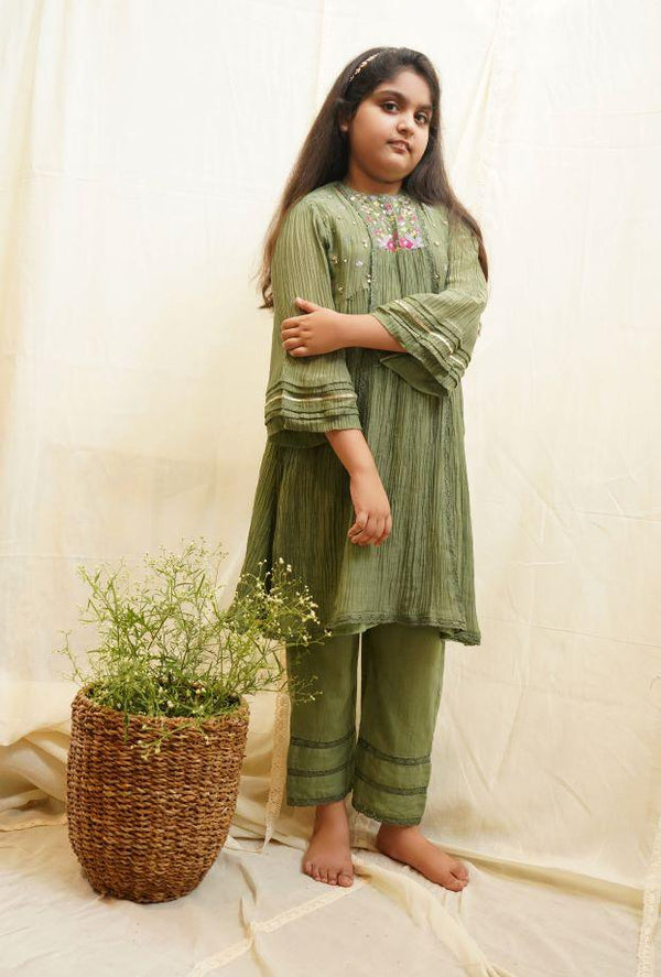 Dusty Green Iris Chanderi Kurta Set for girls - Totdot