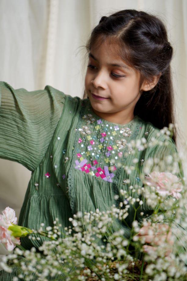 Dusty Green Iris Chanderi Kurta Set for girls - Totdot