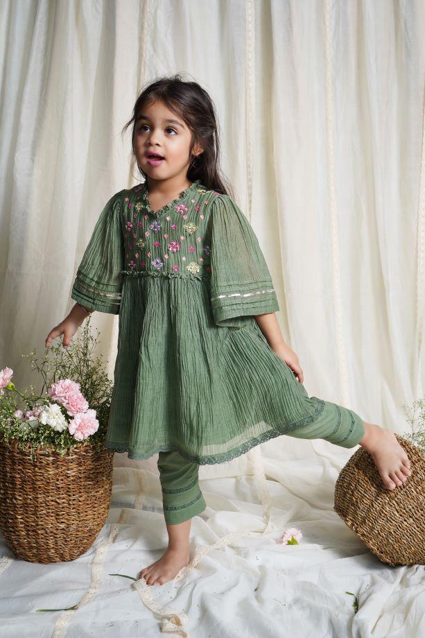 Dusty Green Peony Chanderi Kurta Set For Girls - Totdot