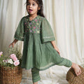 Dusty Green Peony Chanderi Kurta Set For Girls