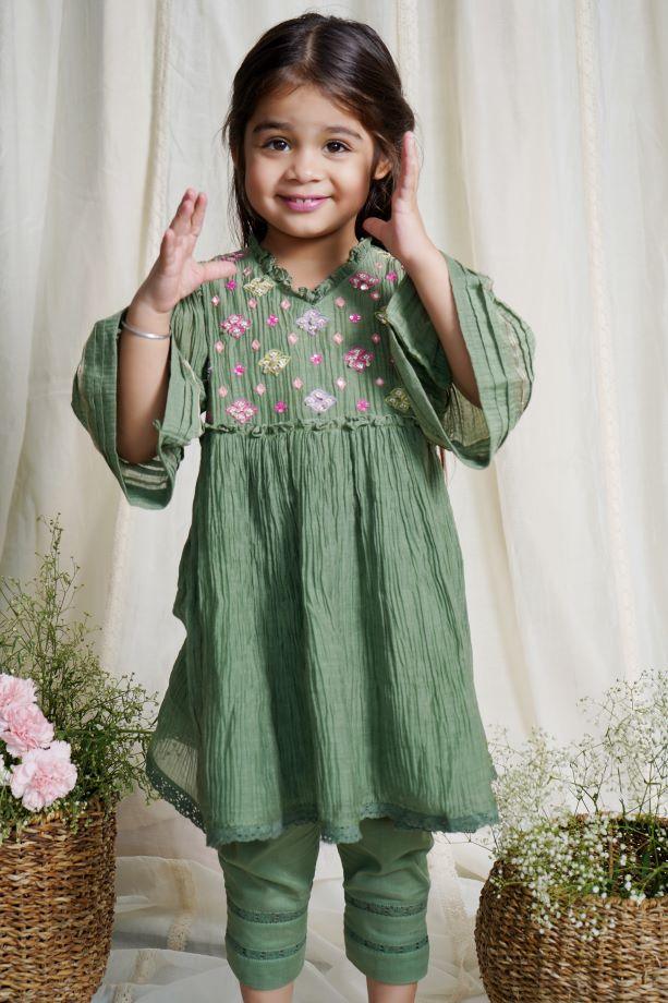 Dusty Green Peony Chanderi Kurta Set For Girls - Totdot