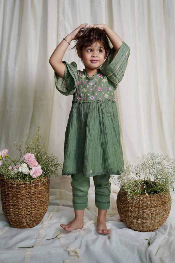 Dusty Green Peony Chanderi Kurta Set For Girls - Totdot