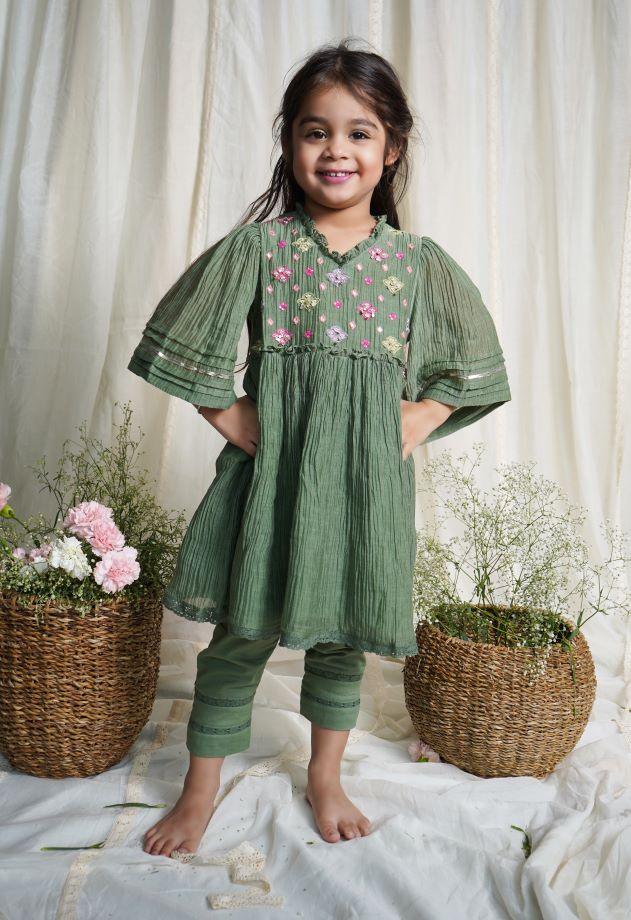 Dusty Green Peony Chanderi Kurta Set For Girls - Totdot