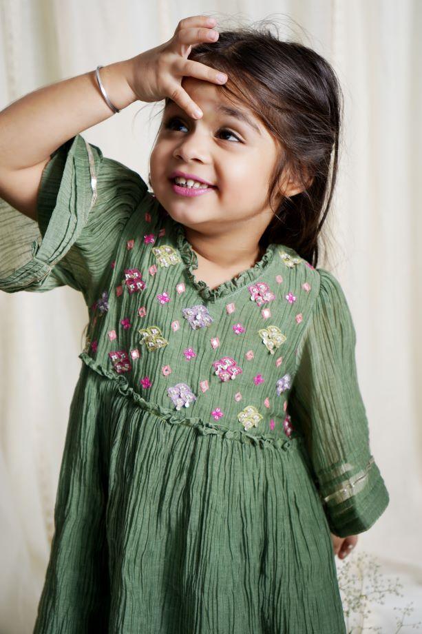 Dusty Green Peony Chanderi Kurta Set For Girls - Totdot