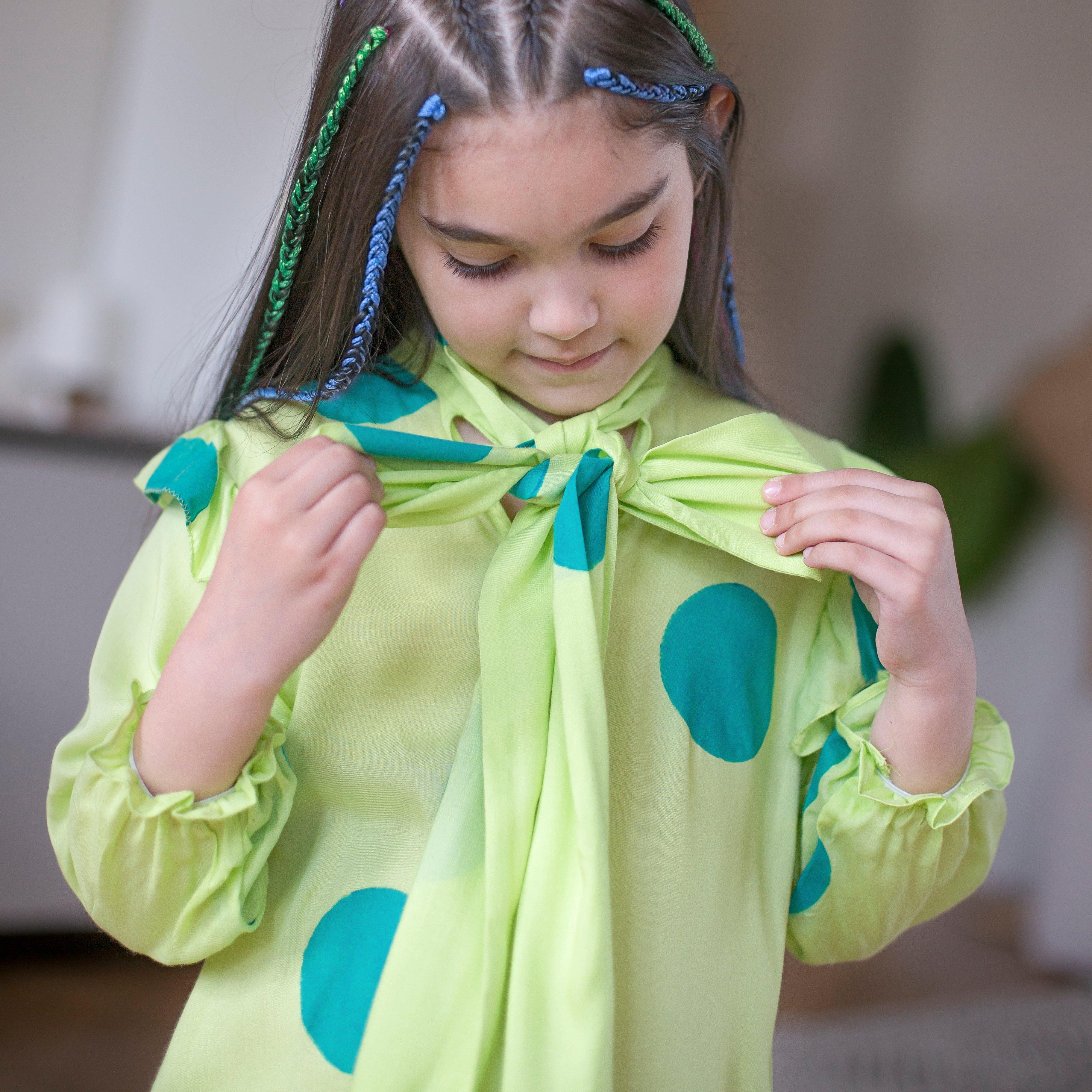 Fairytale- Lime Green Dress with Polka Dots for Girls - Totdot