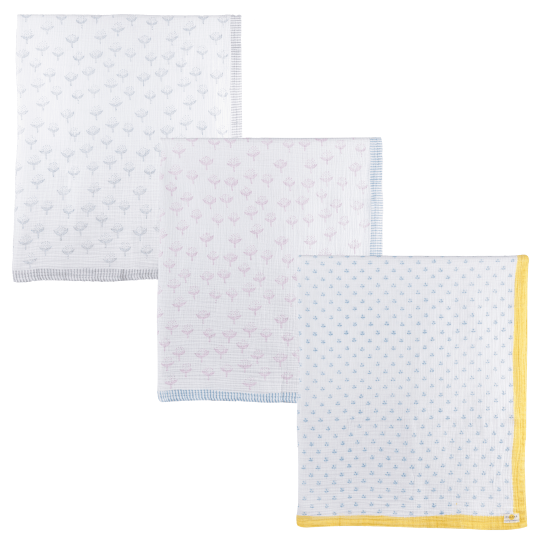 Flower From sanganer+Cotton Cheer Pink+Cotton Cheer Grey Organic Muslin Swaddle (Hand-Block Printed) (Set Of 3) - Totdot