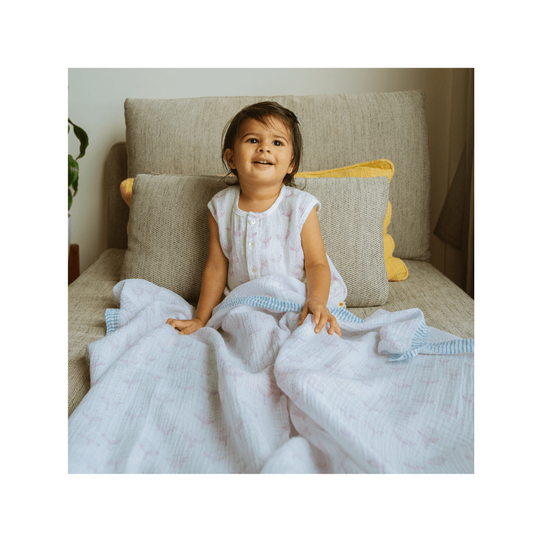 Flower From sanganer+Cotton Cheer Pink+Cotton Cheer Grey Organic Muslin Swaddle (Hand-Block Printed) (Set Of 3) - Totdot