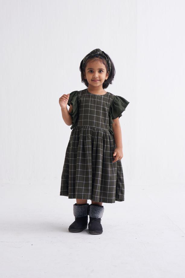 Frill Sleeve Dress - Olive Check - Totdot