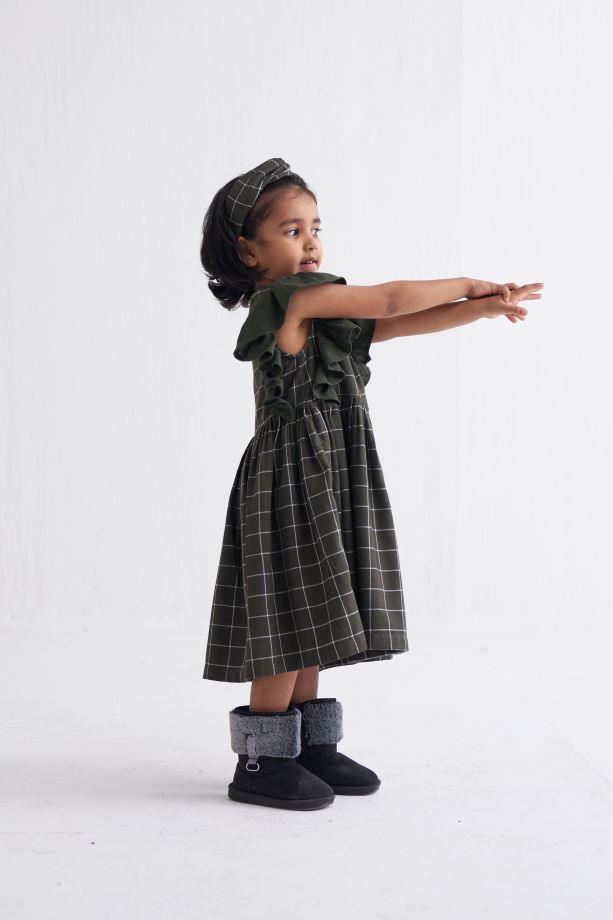 Frill Sleeve Dress - Olive Check - Totdot