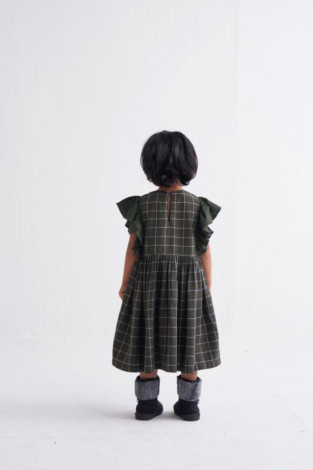 Frill Sleeve Dress - Olive Check - Totdot