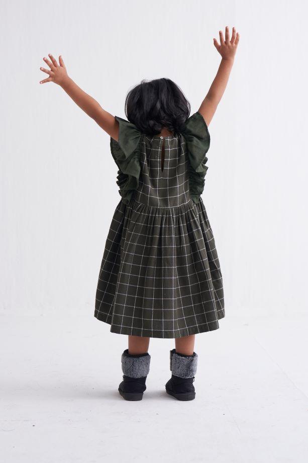 Frill Sleeve Dress - Olive Check - Totdot