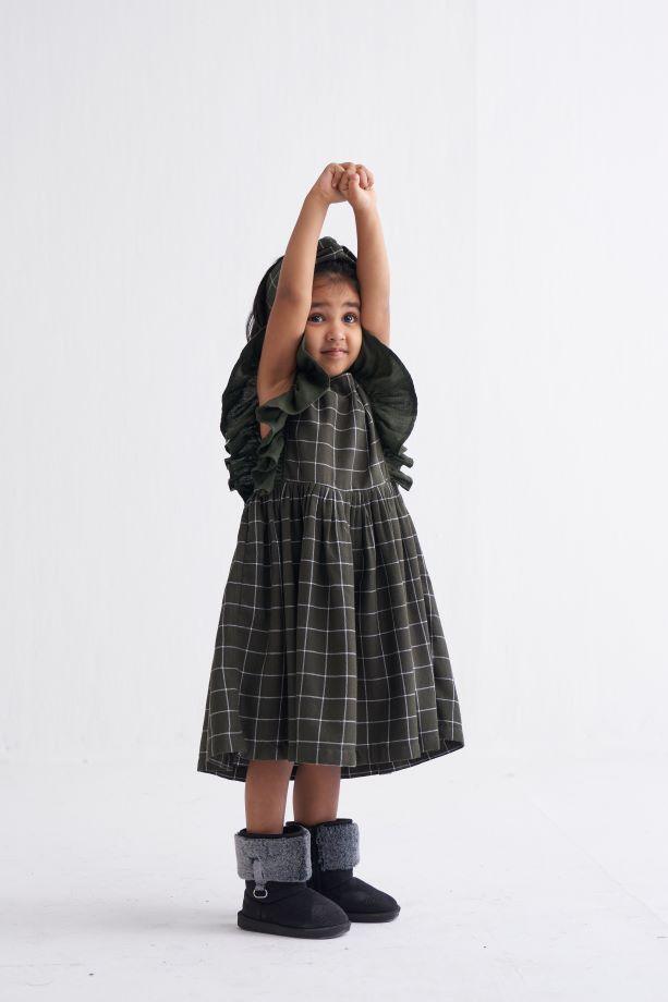 Frill Sleeve Dress - Olive Check - Totdot