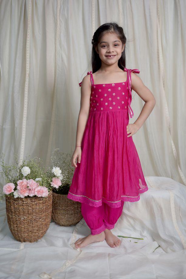 Fuschia Zinnia Strappy Kurta Set For Girls - Totdot