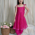 Fuschia Zinnia Strappy Kurta Set For Girls