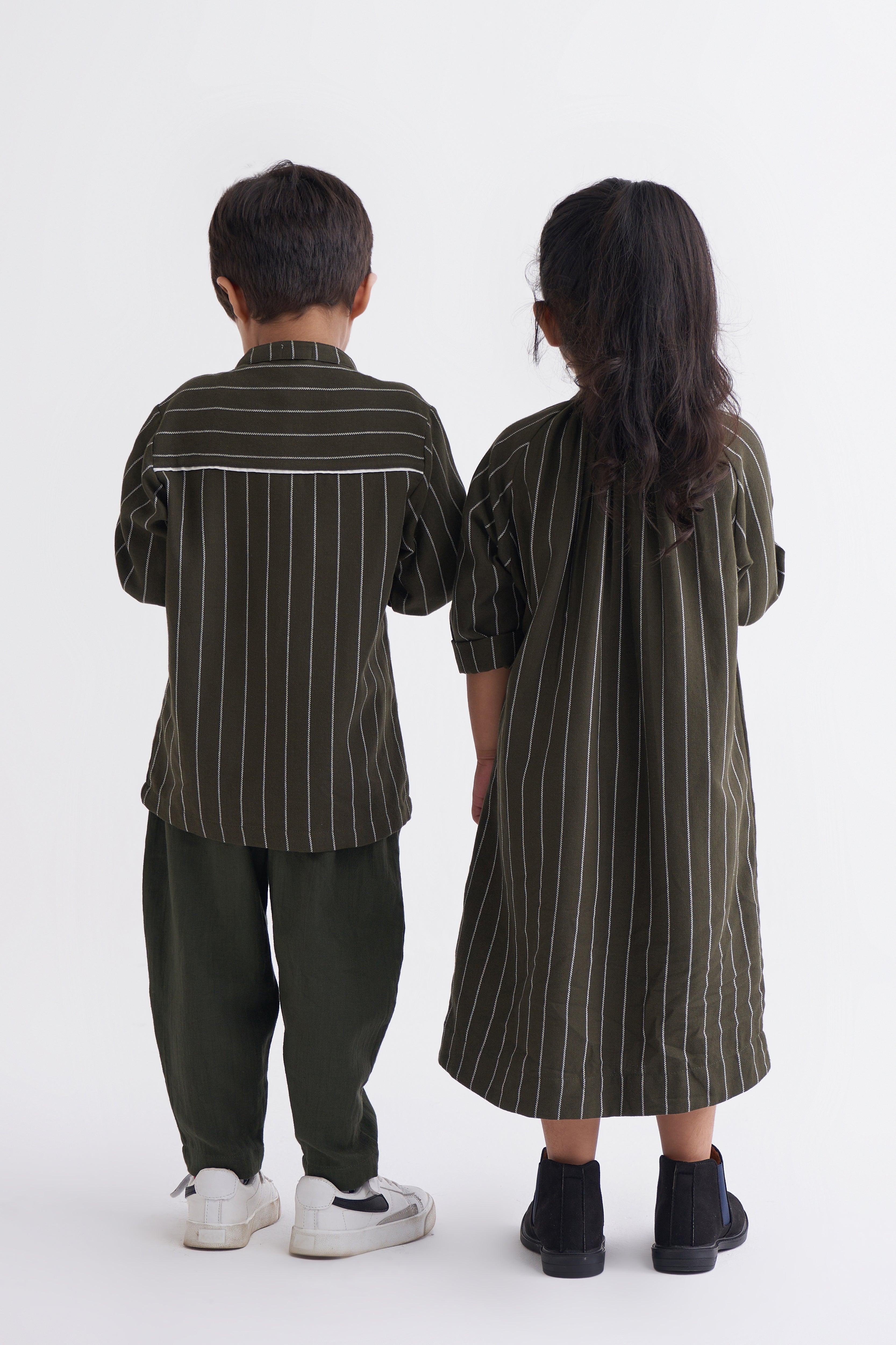 Gather Neck Dress - Olive Stripe - Totdot