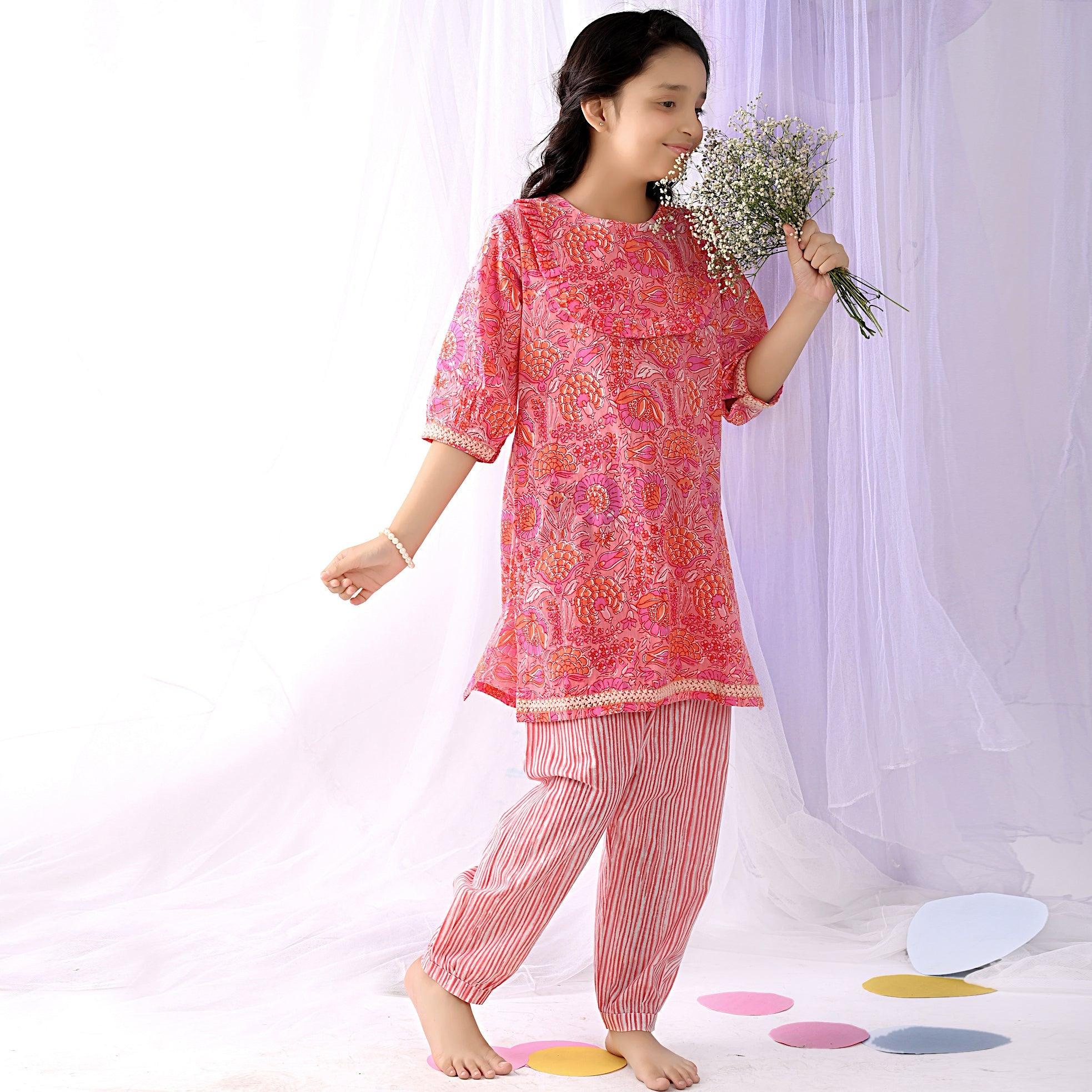 Ikeda Designs Cotton Floral Kurta set - Peach - Totdot