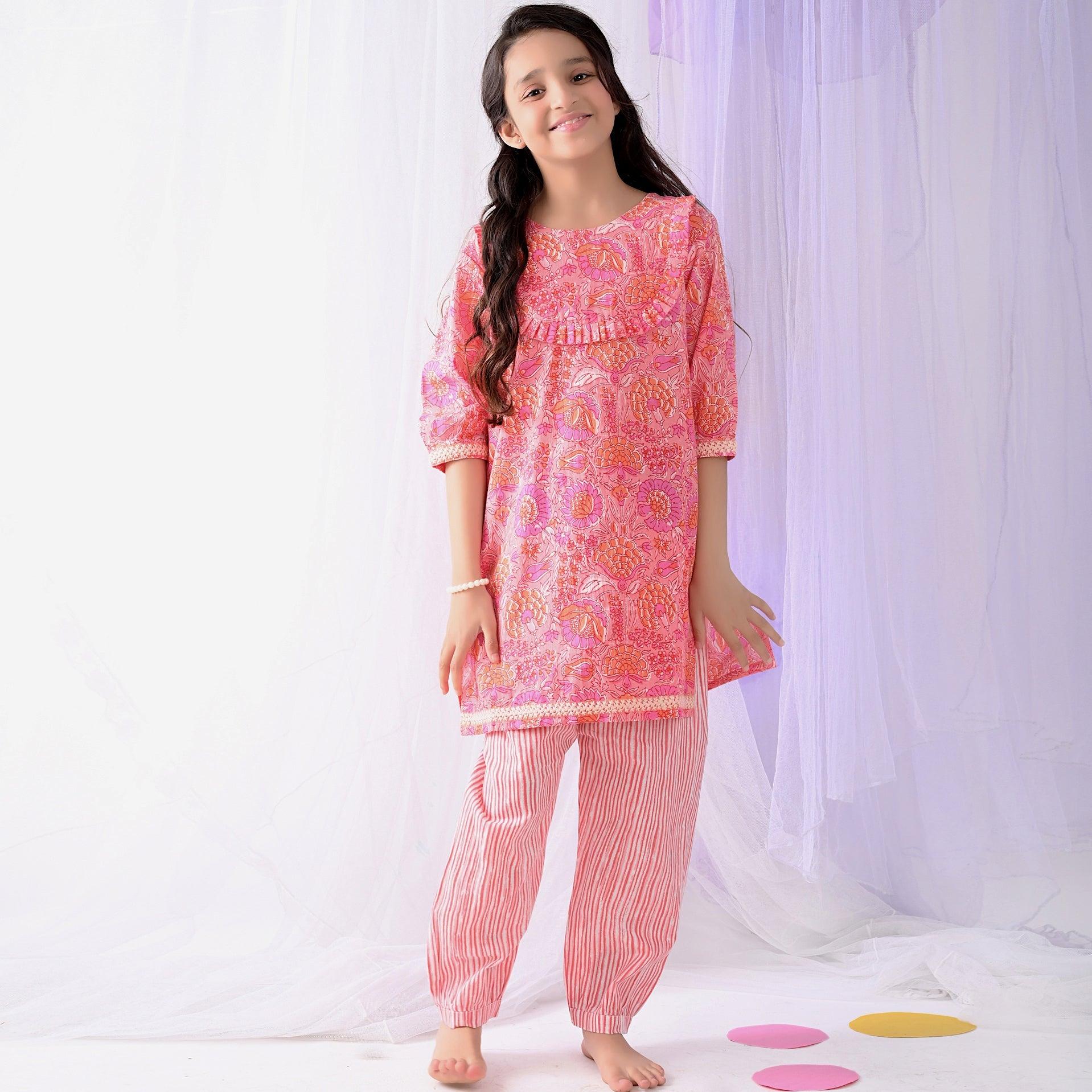 Ikeda Designs Cotton Floral Kurta set - Peach - Totdot