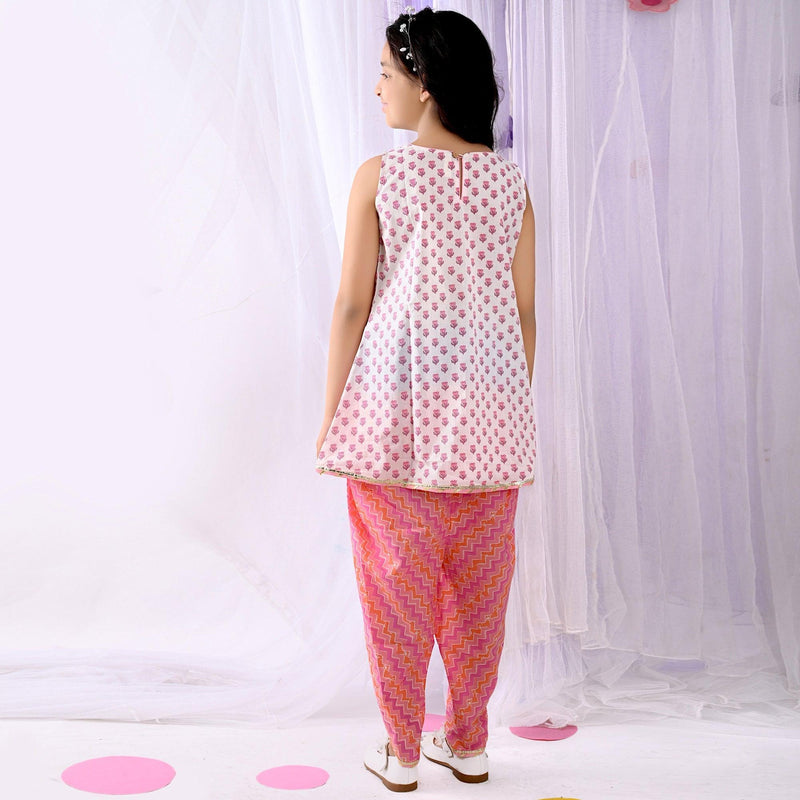Ikeda Designs Cotton Kurta and Dhoti Set- White & Pink - Totdot
