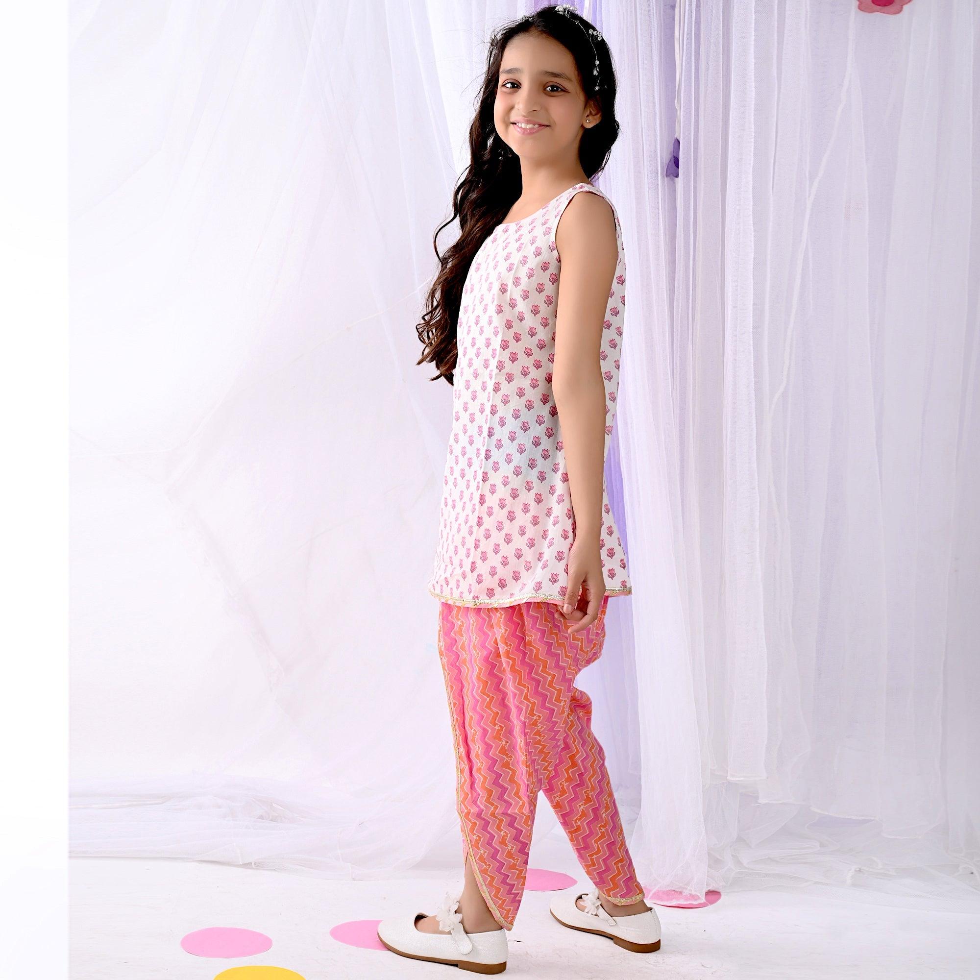 Ikeda Designs Cotton Kurta and Dhoti Set- White & Pink - Totdot