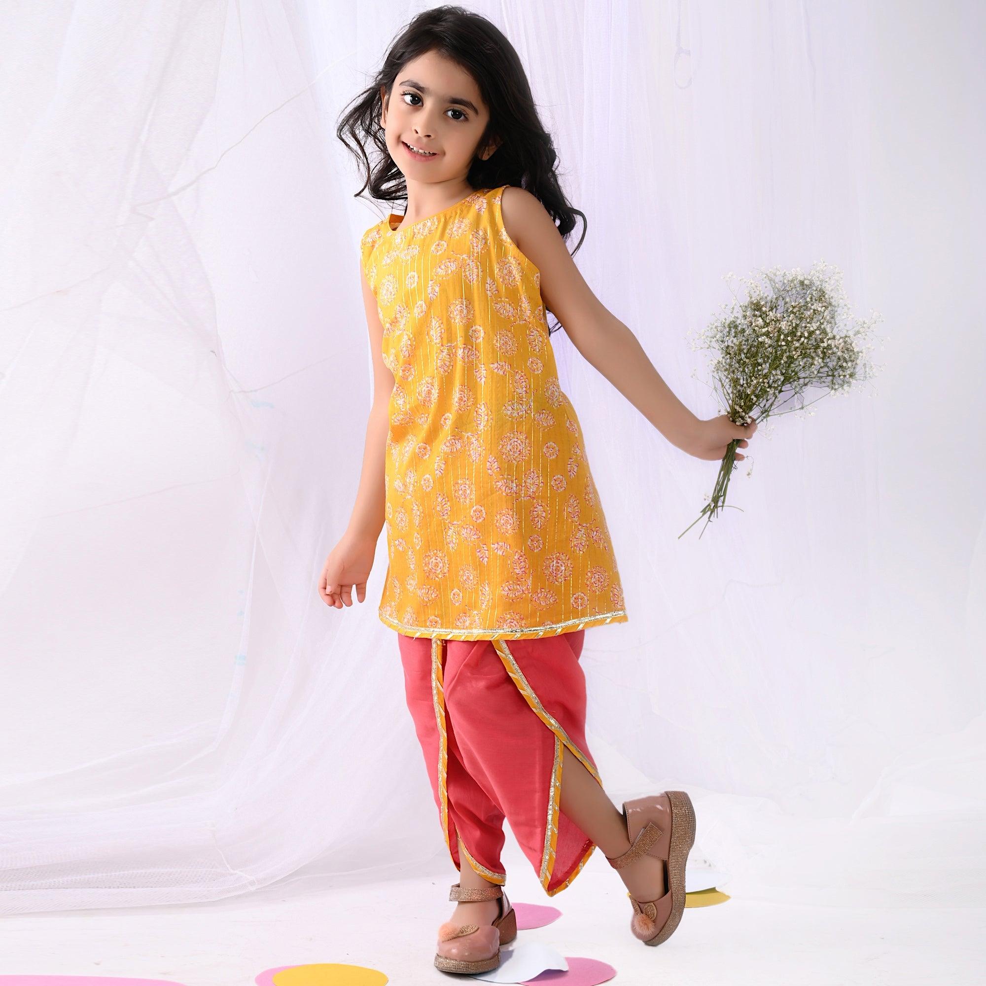 Ikeda Designs Cotton Kurta and Dhoti Set- Yellow & Pink - Totdot