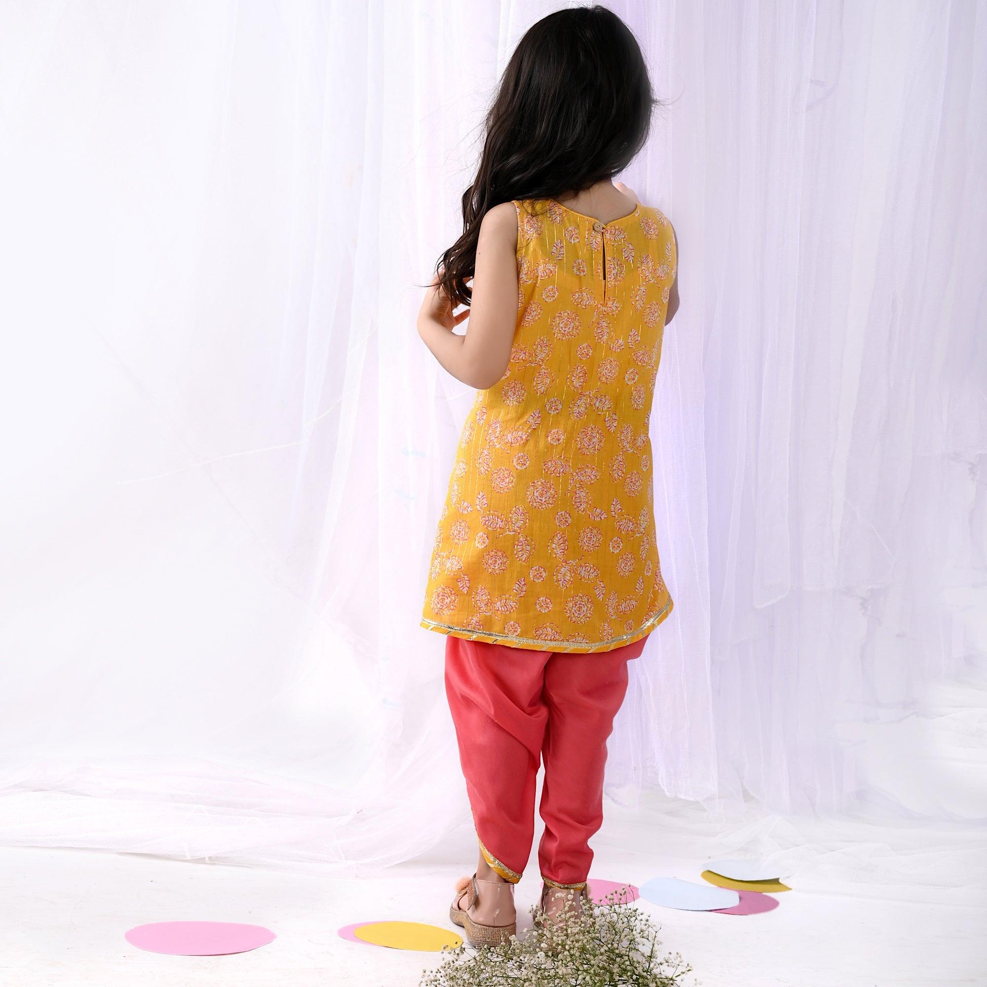 Ikeda Designs Cotton Kurta and Dhoti Set- Yellow & Pink - Totdot