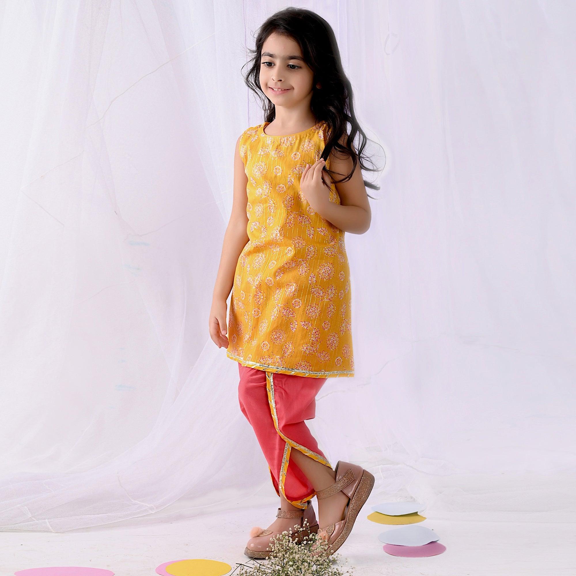 Ikeda Designs Cotton Kurta and Dhoti Set- Yellow & Pink - Totdot