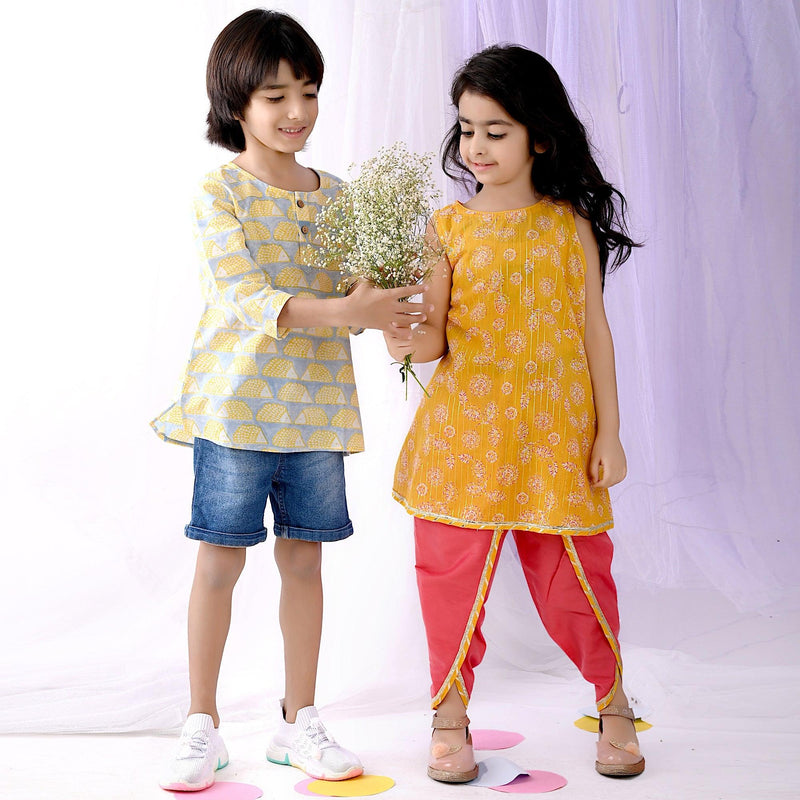 Ikeda Designs Cotton Kurta and Dhoti Set- Yellow & Pink - Totdot